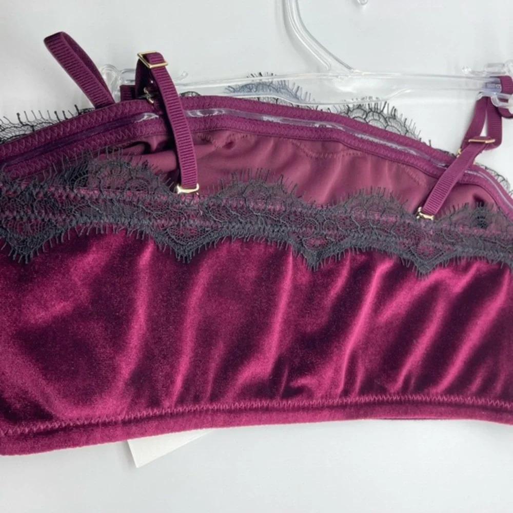 JASON WU Velour Lace Trim Bandeau Bralette, Burgundy, Large, NWT - Picture 4 of 11